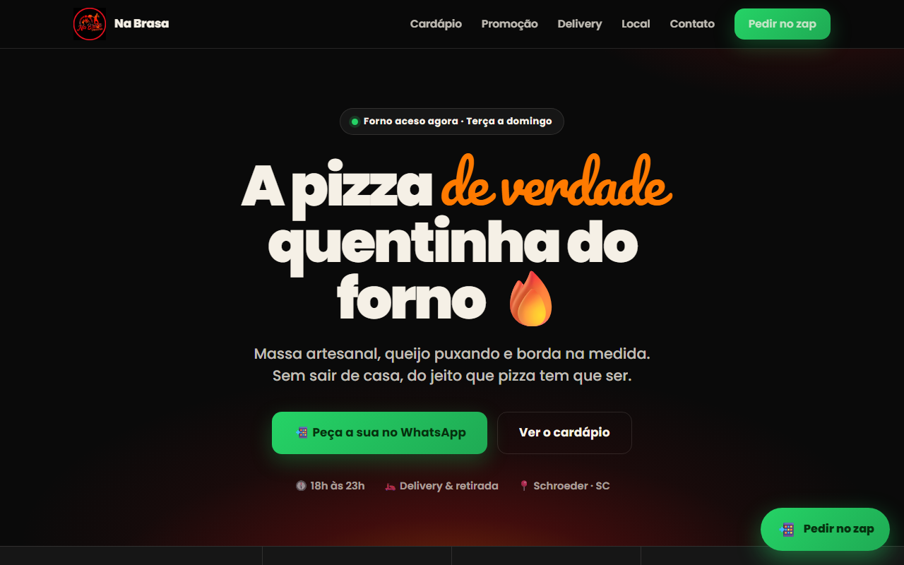 Site da Pizzaria na Brasa, página inicial com pedido pelo WhatsApp
